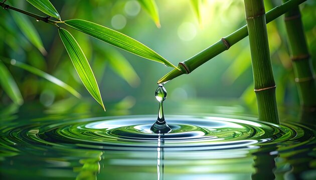 A water droplet falling on a tranquil pond surrounded by lush bamboo