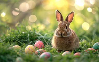 Adorable bunny amid colorful Easter eggs