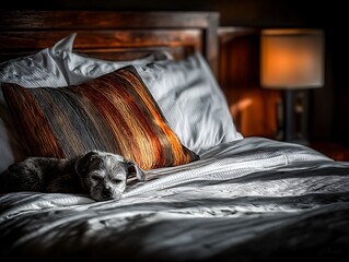 Cozy Canine Repose: A serene scene of a small dog nestled comfortably on a freshly made bed, complemented by a soft pillow and the warm glow of a bedside lamp. Inviting comfort and relaxation.
