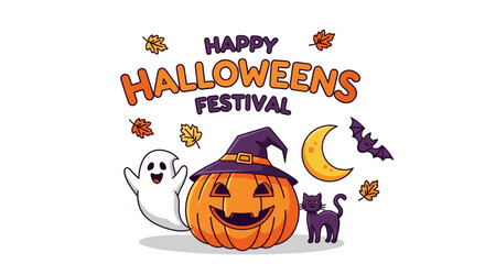 Joyful Halloween festival with a friendly ghost, grinning pumpkin, and playful black cat under a crescent moon.