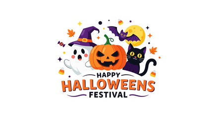 Whimsical Halloween characters, including a ghost, jack-o'-lantern, and black cat, celebrate a festive holiday event.