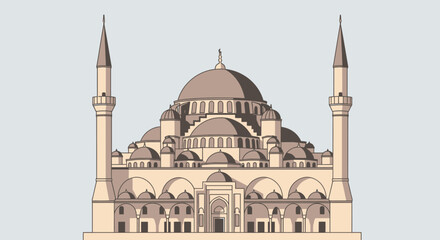 Fototapeta premium Serene Mosque Architecture Illustration Depicting Cultural Heritage and Islamic Design. Suitable for educational materials, architectural studies, or faith-based content.