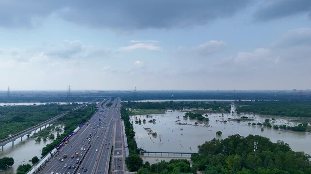 Aerial view of Flood area near Yamuna River in Delhi and Busy Delhi-Meerut highways