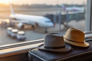 Two hats are resting on luggage by the window of an airport terminal, with a plane visible on the runway in the background during sunset