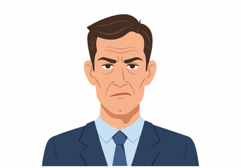 Portrait of a serious, middle-aged man in a suit with furrowed brows and a concerned expression.