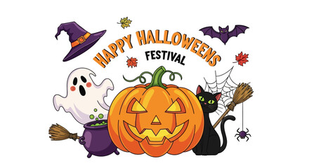 Whimsical Halloween festival elements create a playful and spooky scene with a pumpkin, ghost, cat, and witch's hat.