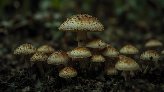 A moody, macro close-up of a cluster of wild dapperling mushrooms growing on a dark, damp forest floor.