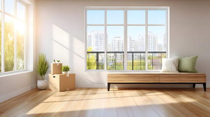 with cardboard boxes near the window and no furniture