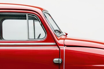 Fototapeta premium A close-up view of a vintage red car's side profile, showcasing its classic design elements.