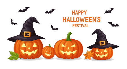 Whimsical jack-o'-lanterns with witch hats celebrate a happy Halloween festival with flying bats.