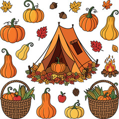 Cozy autumn camping scene with pumpkins and fall leaves