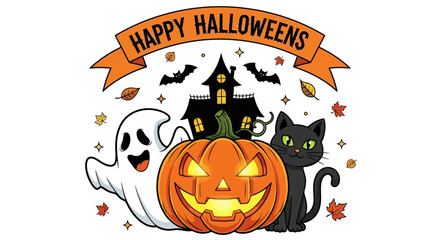 Spooky Halloween scene with a glowing jack-o'-lantern, friendly ghost, black cat, and haunted house.