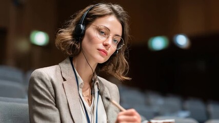 The Interpreter at Work: An interpreter sits professionally, wearing headphones and eyeglasses, diligently preparing to provide linguistic precision during an important conference or event.