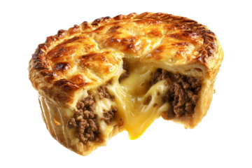 Mince and cheese pie with golden brown crust, mashed potato and melted cheese topping, isolated on white transparent background, concept of New Zealand fast food