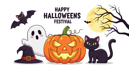 Whimsical Halloween scene with a friendly ghost, jack-o'-lantern, black cat, and spooky bat under a full moon.