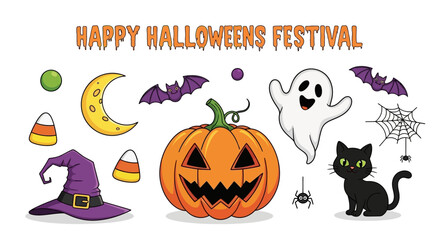 Spooky Halloween elements like a pumpkin, ghost, and black cat create a festive holiday mood.