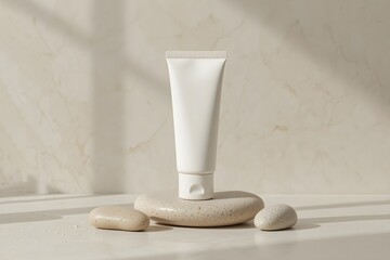BB Cream Tube Mockup on Aesthetic Stones, Realistic Cosmetic Packaging for Skincare and Makeup Branding Presentation in Natural Minimalist Style