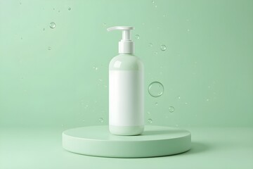 Light Green Cleanser Bottle Mockup on Round Platform with Decorative Bubbles, Realistic Skincare Packaging for Beauty and Cosmetic Branding Presentation