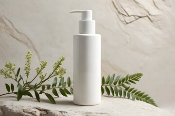Cleanser Bottle Mockup on Natural Stone with Leaf Decoration and Rock Texture Background, Realistic Skincare Packaging for Beauty and Cosmetic Branding