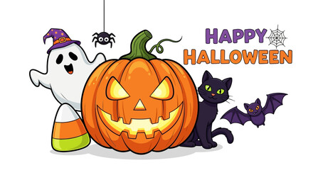 Spooky and festive Halloween characters celebrate with a grinning pumpkin and happy ghost