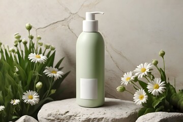 Light Green Cleanser Bottle Mockup on Natural Stone with Leaf and Flower Decoration and Rock Texture Background, Realistic Skincare Packaging for Cosmetic Branding