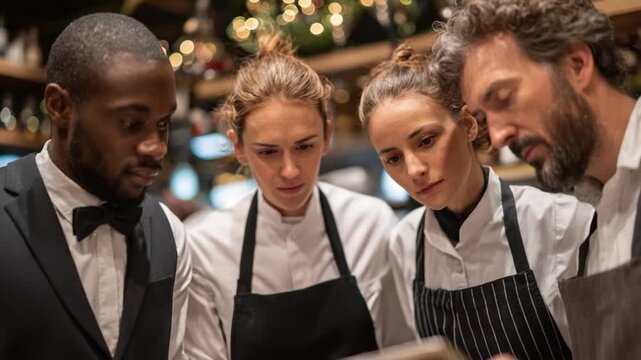 Culinary Collaboration: A close-knit team of skilled culinary professionals, meticulously examining a menu, their focus unwavering on the art of creating delectable dishes.