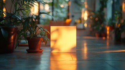 A blank white sheet resting on a clean, polished surface creates a focal point against a softly blurred gray backdrop, surrounded by greenery and natural light.