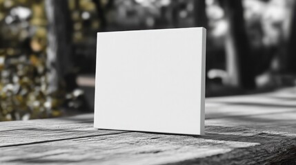 A blank white sheet resting on a clean, polished surface creates a focal point against a softly blurred gray backdrop, surrounded by greenery and natural light.