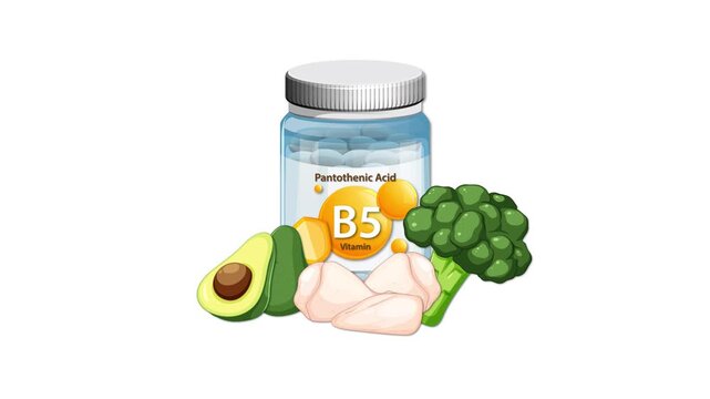 Vitamin B5 Supplement Bottle with Healthy Food Animation Sequence