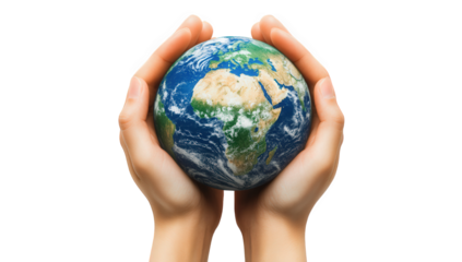 Hands holding the earth globe isolated on transparent background