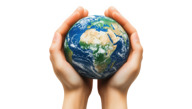 Hands holding the earth globe isolated on transparent background