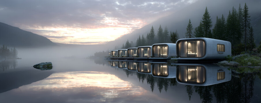 Modern cabin lake forest mountain mist reflection sunrise peaceful nature tranquil