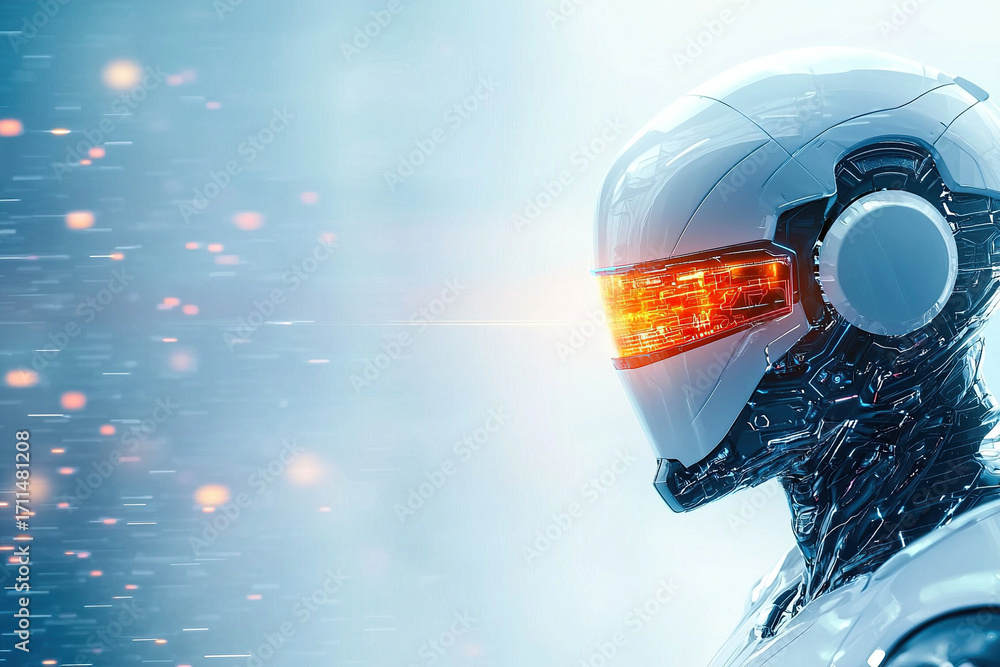 Poster futuristic humanoid robot with sleek design and glowing visor in digital environment