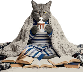 Cozy cat wearing pajamas and blanket drinking from a mug surrounded by books