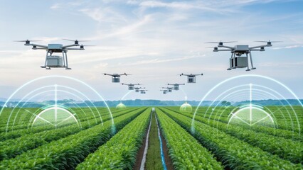 Drones flying over a farm field, showcasing modern agricultural technology with signals indicating data collection and monitoring.