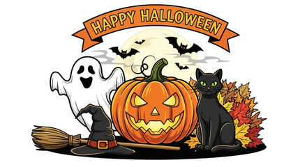 Spooky Halloween scene with a grinning pumpkin, friendly ghost, black cat, and witch hat under a full moon.