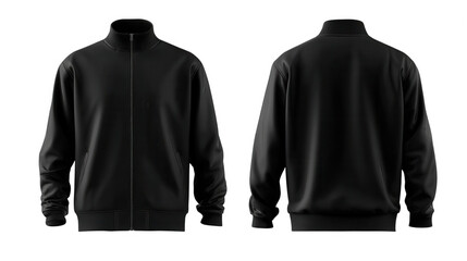 Front and back view of a black track jacket isolated on transparent background