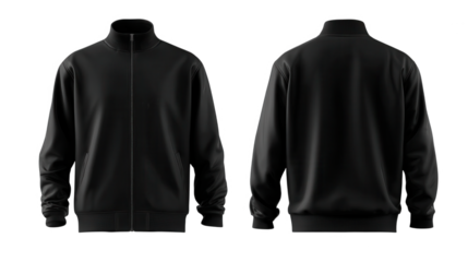 Front and back view of a black track jacket isolated on transparent background