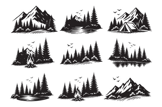 Black and white landscapes with mountains and lake vector collection