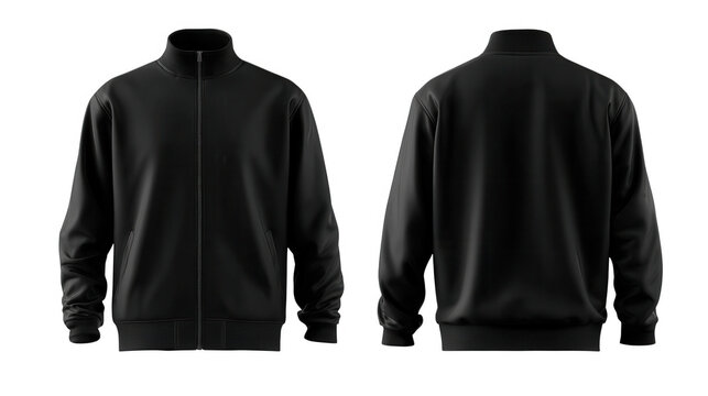 Front and back view of a black track jacket isolated on transparent background