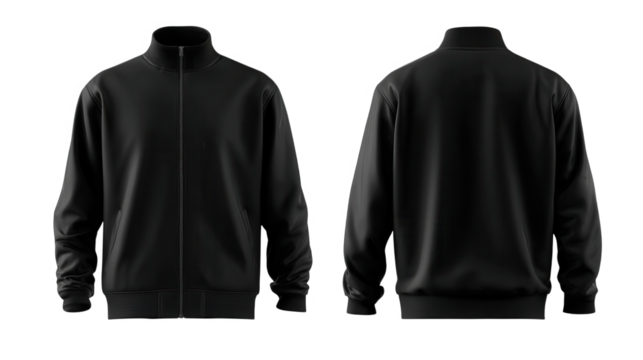 Front and back view of a black track jacket isolated on transparent background