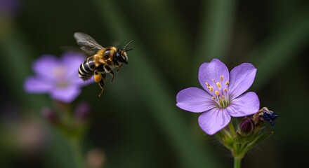 Bee flying towards flower