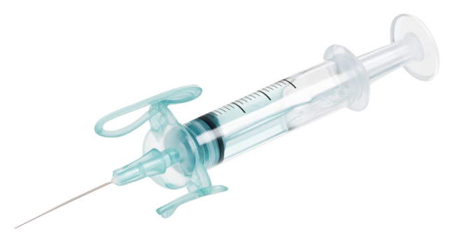Medical syringe filled with transparent fluid, used during heart operation, (clean modern detail, transparent isolated background