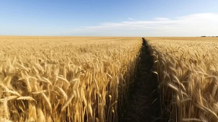 Scenic path through a vast golden wheat field leading to the horizon under a bright blue summer sky. - Powered by Adobe