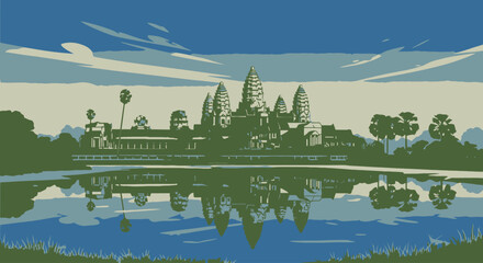 Obraz premium Angkor Wat Pixel Art Landscape Reflection - Depicting Cambodian Heritage for Educational Content and Travel Brochures.