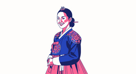Elegant Illustration of a Woman in Traditional Korean Hanbok Dress, Ideal for Cultural Celebrations and Heritage Preservation Projects