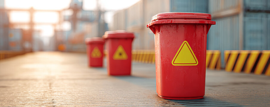 Red hazardous waste bin warning sign outdoor industrial area sunlight safety caution environmental protection container alert