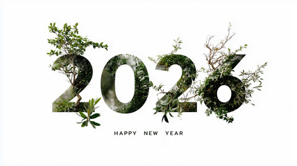 Creative Happy New Year 2026 typography with eco-friendly nature theme. Perfect for festive greeting cards or marketing campaigns.