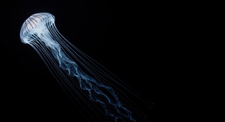 Elegant jellyfish silhouette with fiber optic tentacles, dark minimal background