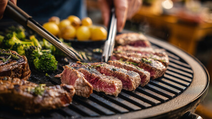 Juicy grilled beef steak slices cooking on a barbecue grill with fresh vegetables. A chef using tongs to turn the meat. Perfect for meat advertising and gourmet food promotions.